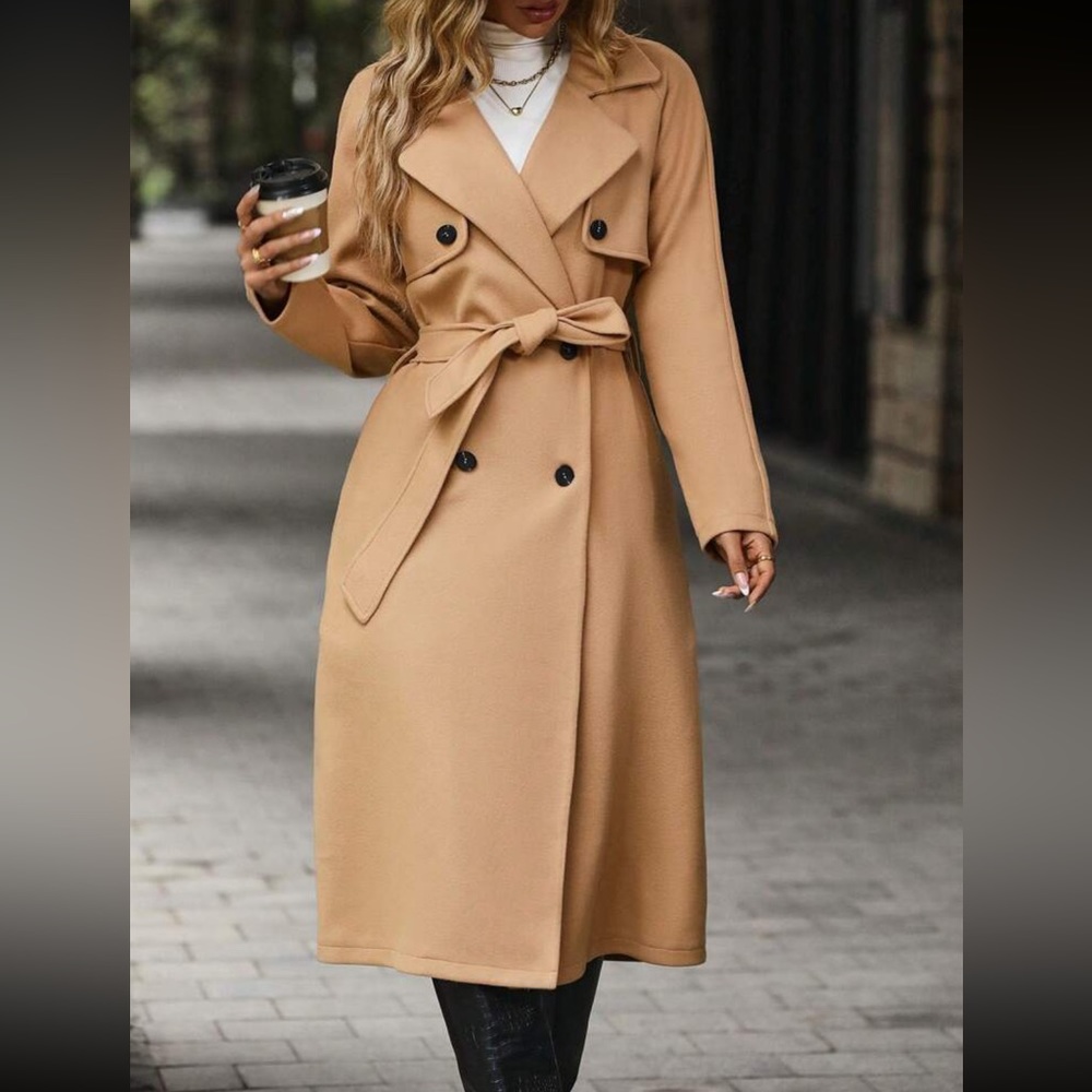Tan double breasted belted trench coat - Picture 2 of 7